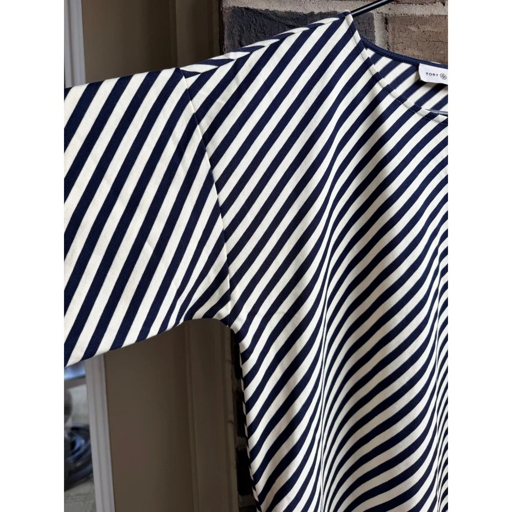 Tory Burch Striped Cotton T-Shirt Dress Short Sleeve Mini Womens L Navy White